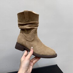 厚底V口显瘦中筒靴女鞋2025秋冬季单靴西部牛仔堆堆短靴马丁靴子