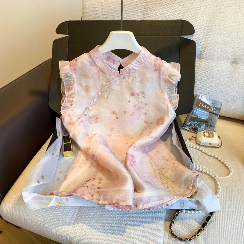 New Chinese-Style Gradient Ruffled Stand-Collar Sleeveless Shirt for Women, 2026 Summer National Style Elegant High-End Diagonal Collar Top