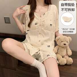 云朵棉睡衣女夏季新款短袖短裤棉纱蝴蝶结带胸垫公主风家居服套装