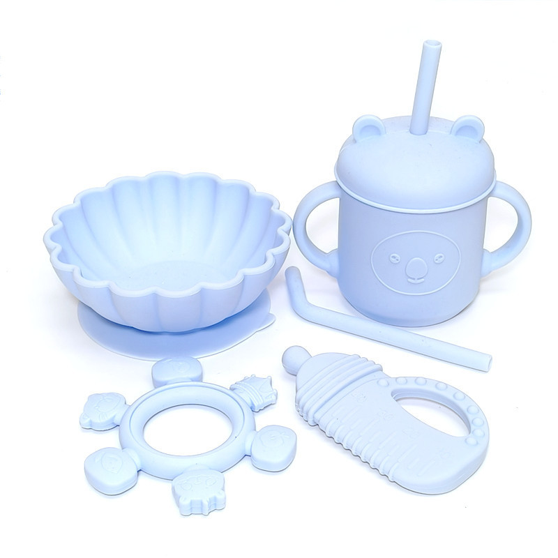 Children's Dinner Plate Baby's Straw Cup Bowl Baby Food Supplemental Tableware suit Silicone Drop-resistant Gum Drop-resistant Hot Lunch Box