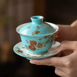 瓷理陶里榴金堆料三才盖碗中式白瓷泡茶碗精美陶瓷茶具茶杯