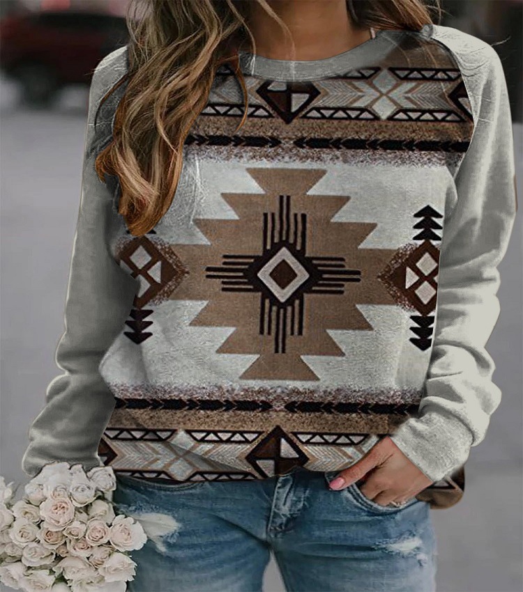 2021 Comercio exterior europeo y americano nueva ropa de mujer retro occidental étnico estampado geométrico suéter de mujer 6580 image 3