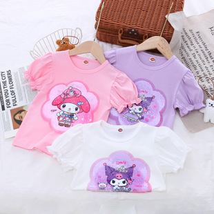 2025 Summer Fashion New Girls' Short Sleeve T-shirt Baby Cute Puff Sleeve Children's Cotton Half Sleeve Top