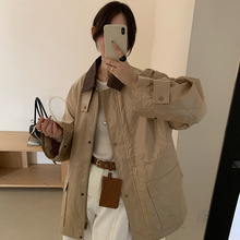 2025秋新款韩国东大门复古撞色翻领系带收腰显瘦中长款风衣外套女