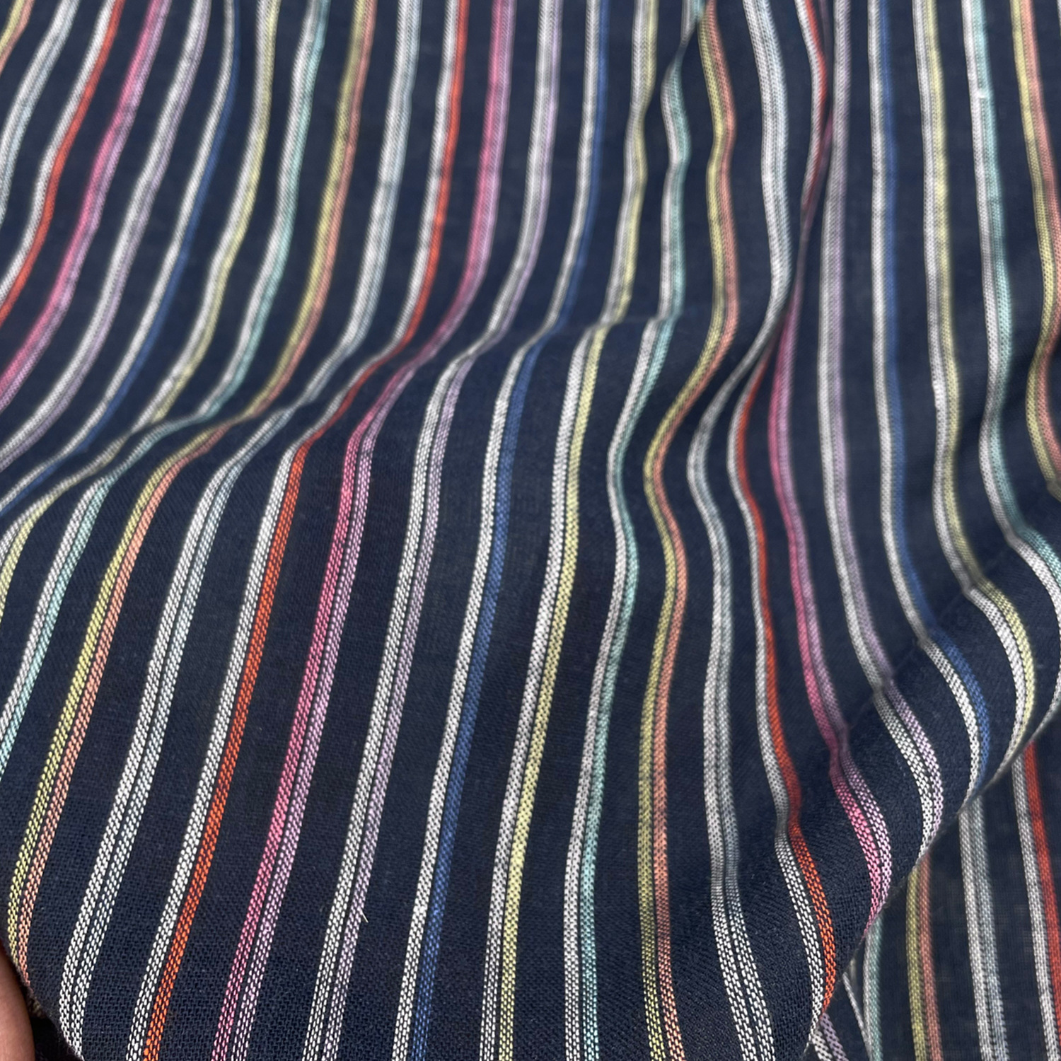 藏青色彩色条纹民族风无弹纯麻服装布料 连衣裙西装手工diy面料