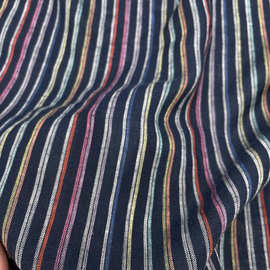藏青色彩色条纹民族风无弹纯麻服装布料 连衣裙西装手工diy面料