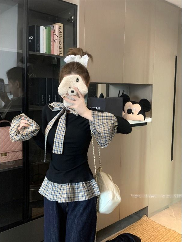 格子蝴蝶结假两件打底衫女春秋冬内搭独特别致设计感小众长袖上衣|undefined