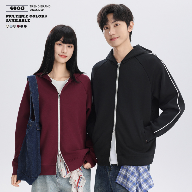 American Style 400g Liquid Cotton Retro Contrast Color Cardigan Hooded Sweatshirt for Men and Women Autumn and Winter Trendy Brand Couple Hoodie Jacket