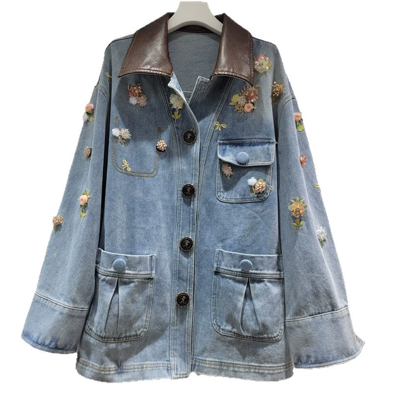 Design polyurethane fashionable denim long-sleeve, jacket, flowered, oversize