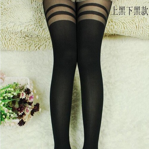 Spring College Style Striped Splicing Socks Fake High-Top Tights Fake Thigh-High Stockings Base Silk Stockings Black Horizontal Stripes