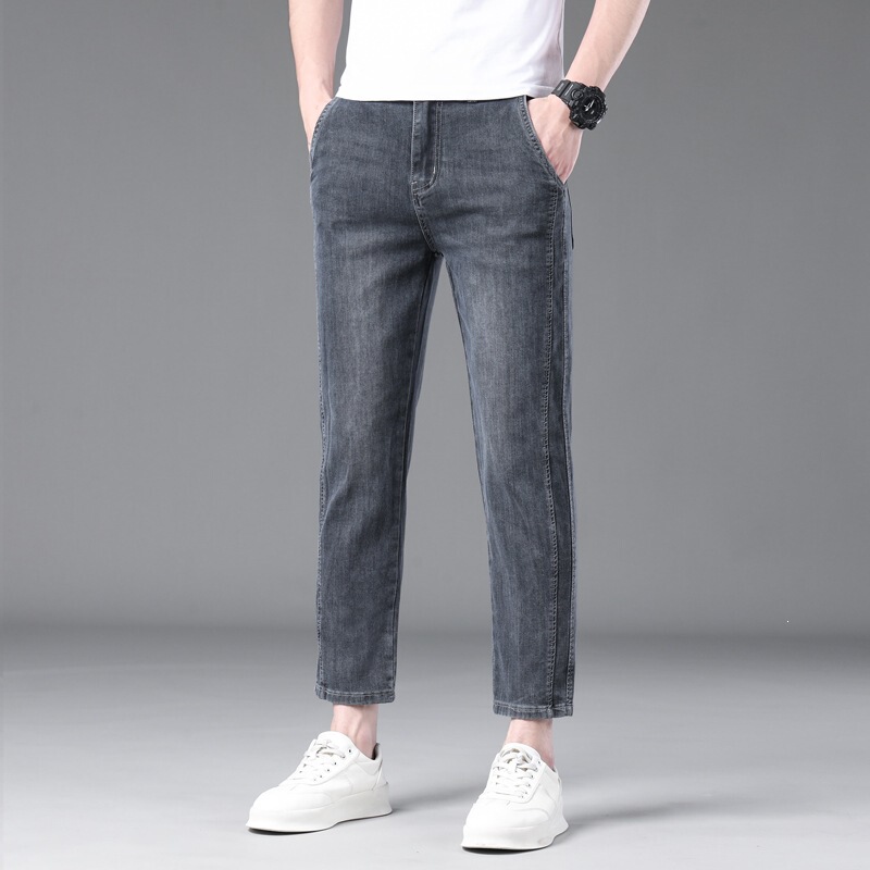 Men's Regular Fit Stretch Denim Jeans, Loose Straight-Leg, Spring and Autumn New Fashion Casual Pants, 9/10 Length