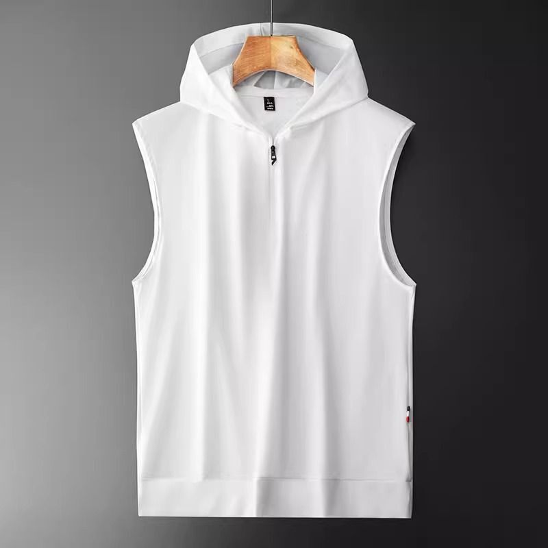 Fashion Sports Fitness Sleeveless Hooded Vest Men's Summer Ice Silk Vest Vest Zipper Cardigan Jacket