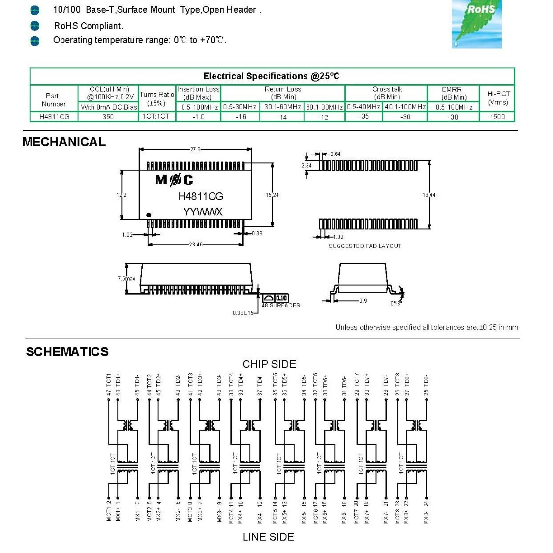 H4811CG 以太网络变压器LAN Transformers 10-100-Base-T