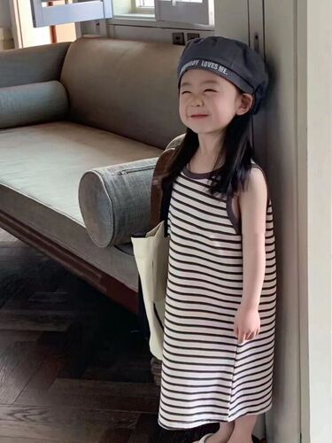 2024 summer new style girls striped mid-length casual dress baby girl summer dress fashionable children's t-shirt dress