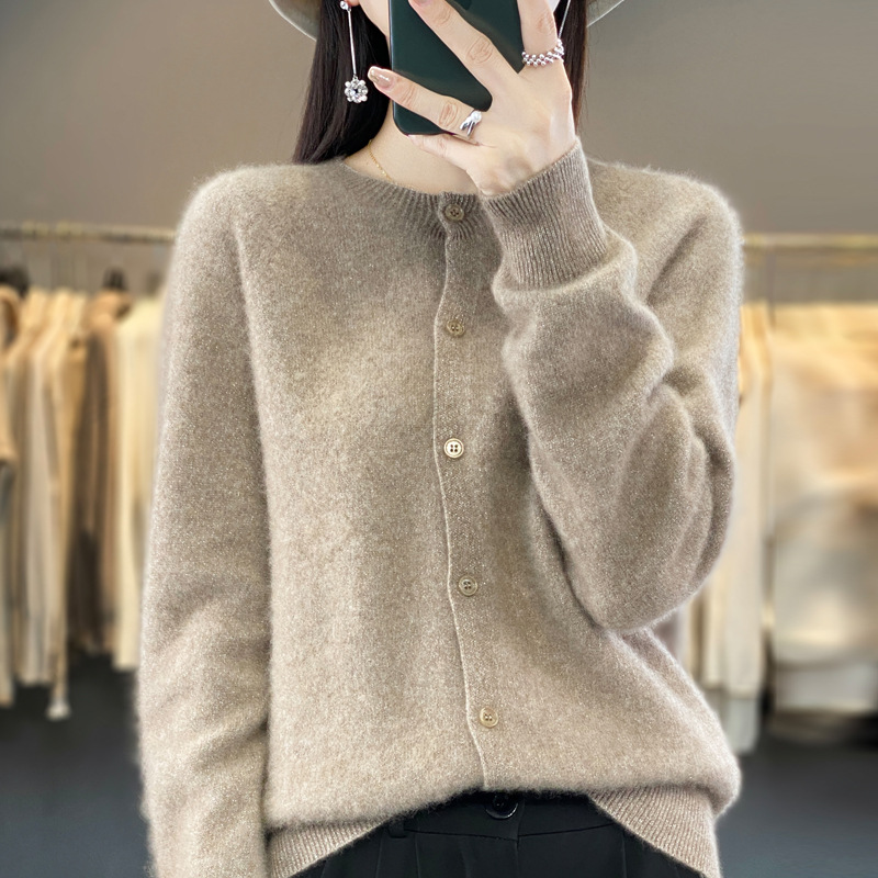 First-line clothing round neck wool knitted cardigan women's autumn and winter loose all-match gold and silver wool sweater long sleeve top