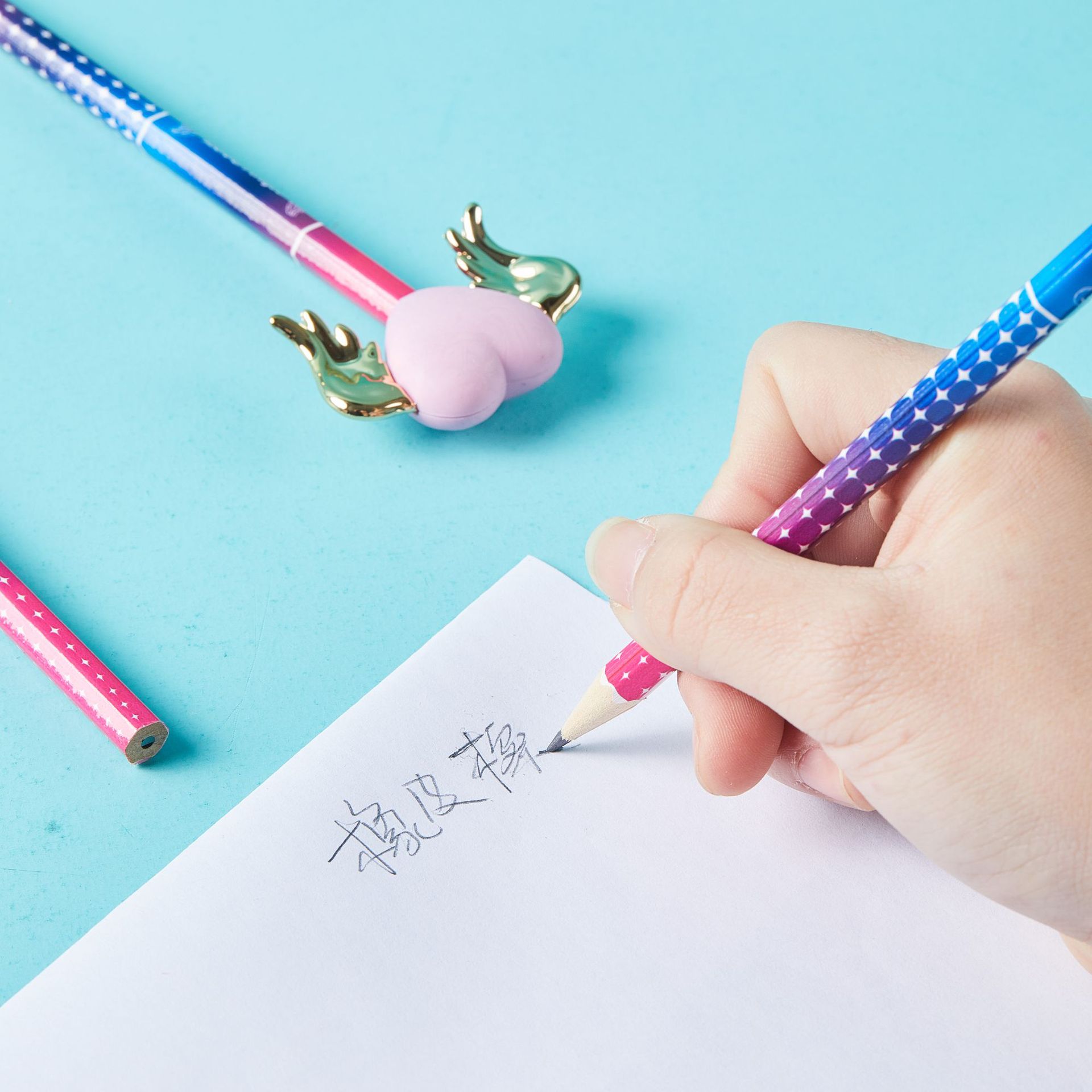 Lápices de madera lindos alas amor borradora artículos de papelería borradora lápiz puede