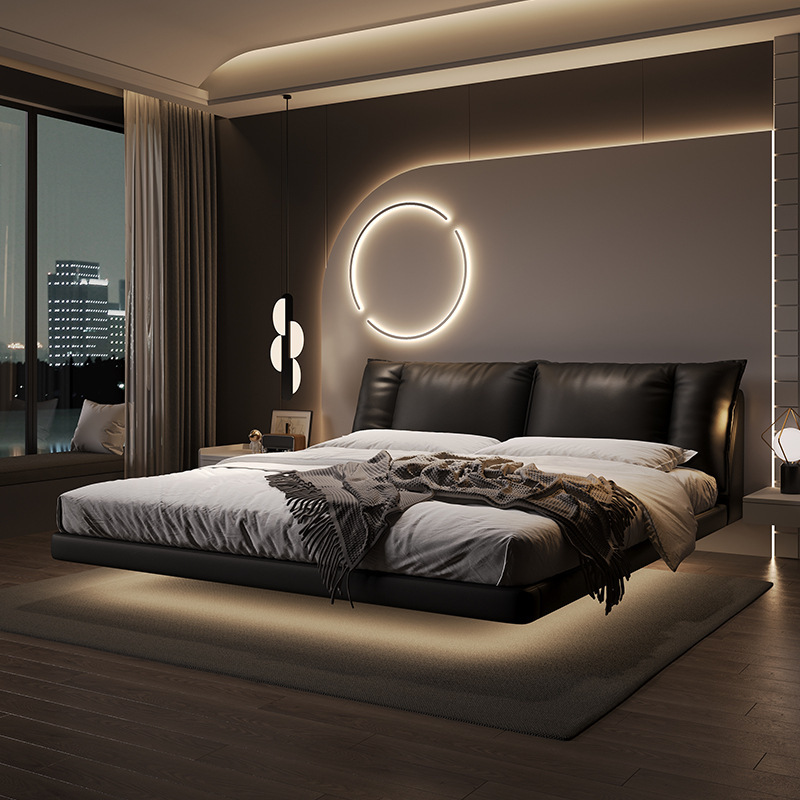 Italian Minimalist Leather Bed Head Layer Cowhide Suspension Bed Master Bedroom Down Soft Bag Bed 2*2 m Big Bed Double Bed Italian Minimalist Leather Bed Head Layer Cowhide Suspension Bed Master Bedroom Down Soft Bag Bed 2*2 m Big Bed Double Bed