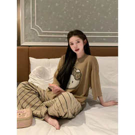 慵懒轻奢圆领短袖睡衣女款春季新款大码宽松居家服套装柔软可外穿