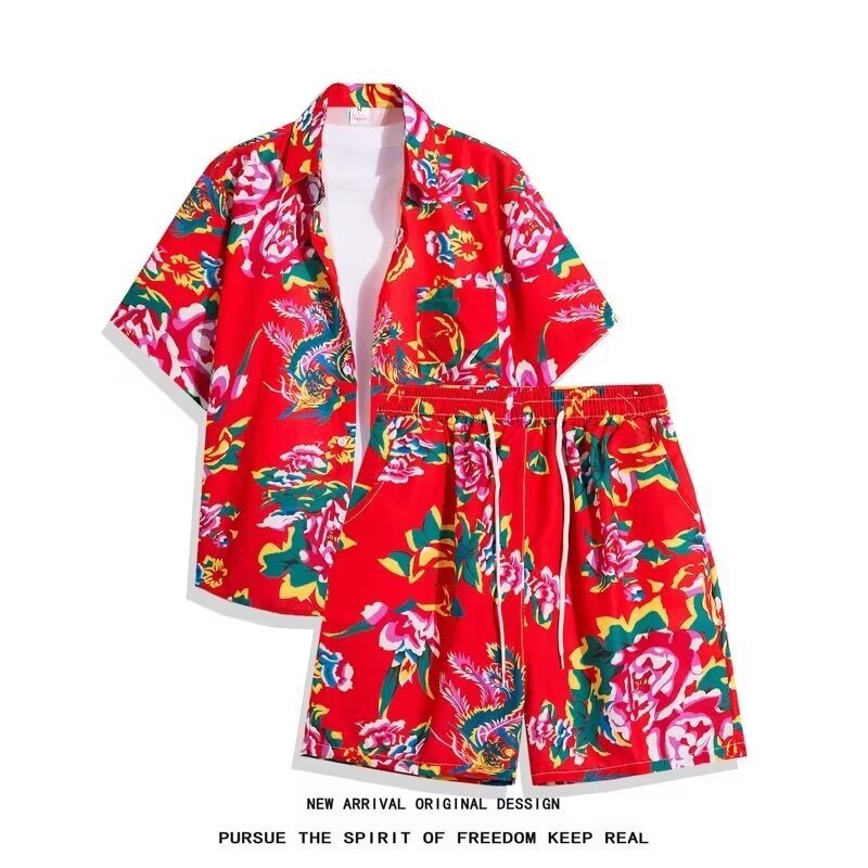 Men's Summer Beach Vacation Outfit Loose Casual Floral Shirt Travel Clothes Breathable Polyester Fibre Thin Fit Sports Set_voghion.com