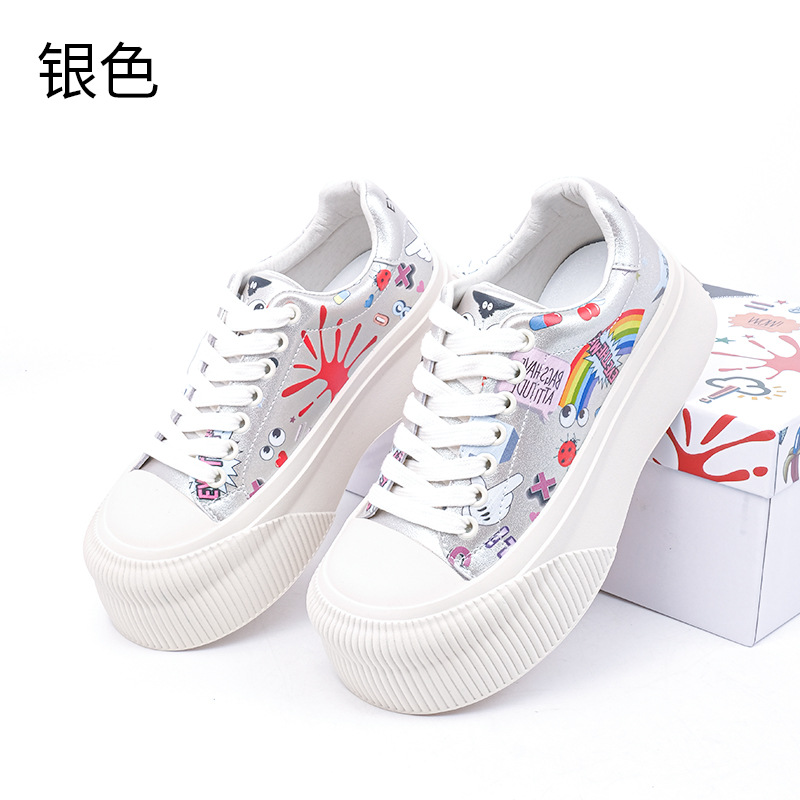 Marca de moda graffiti cordones de zapatos para chicas calles zapatos de martillo de altura de cuero para mujeres zapatos casuales blancos A162 #