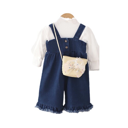 Sweet girls autumn half turtleneck mesh long-sleeved bottoming shirt tops children's clothing denim overalls with bag set