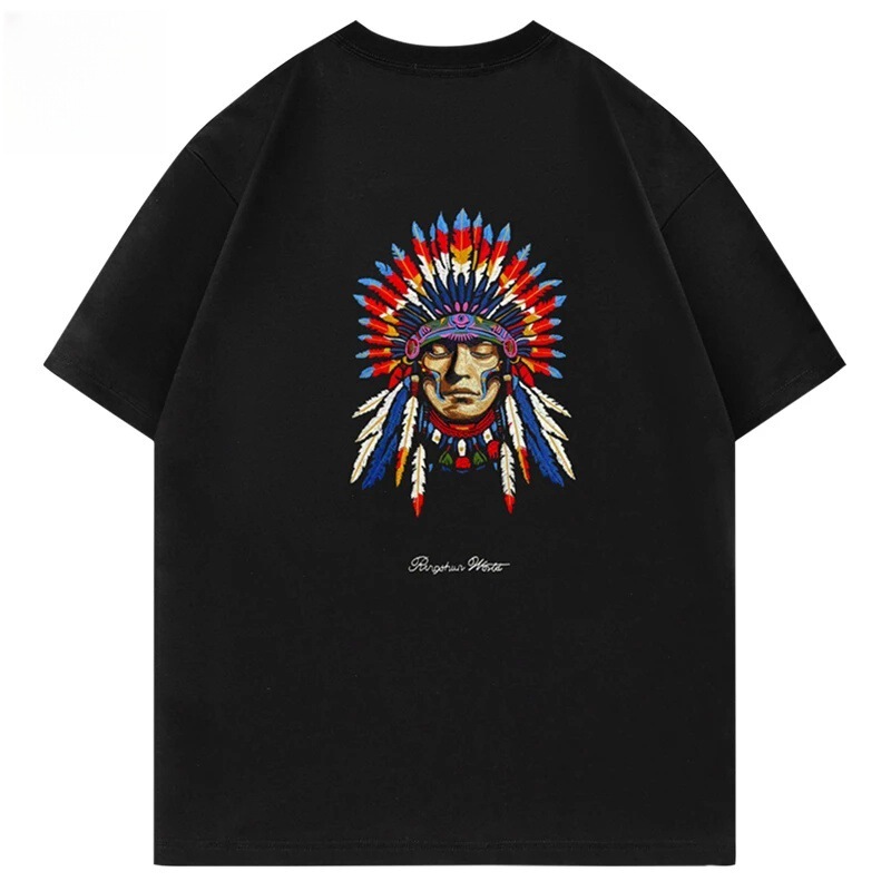 アメリカンレトロ【インディアン】刺繍ラウンドネック半袖夏ゆったりデザイン厚手コットンTシャツ男性用|undefined