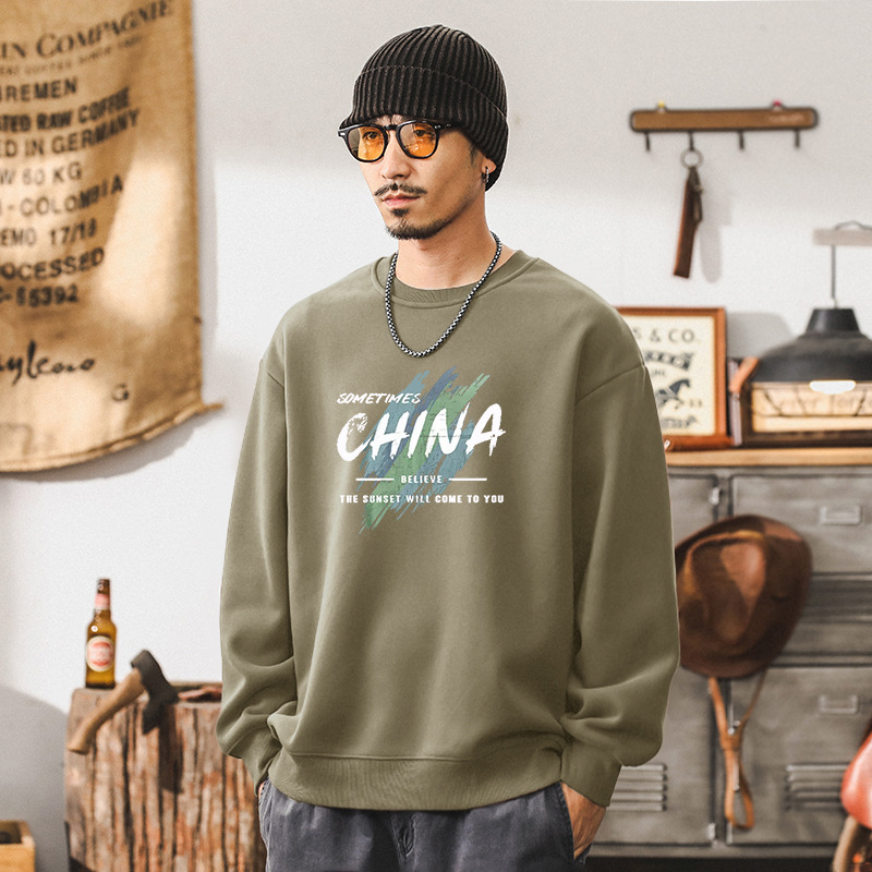 Nuevo pesado camiseta de cuello redondo otoño invierno primavera y otoño estilo chino masculino letras camiseta de manga larga suelta de moda