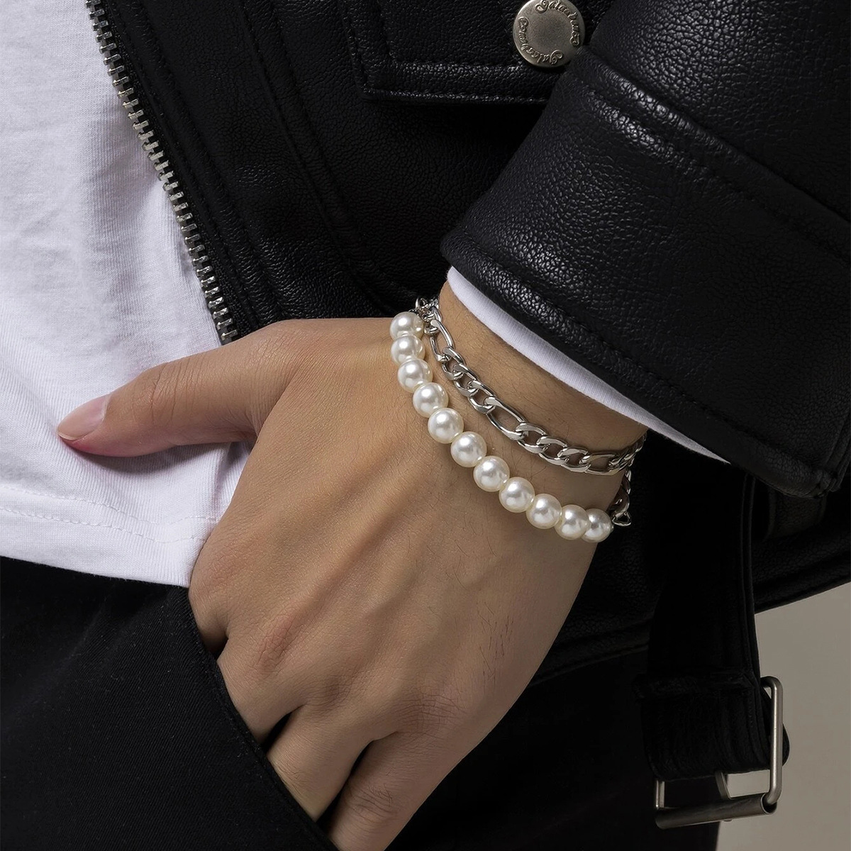 欧美跨境时尚创意百搭小众拼接珍珠设计感手链套装男士手链批发