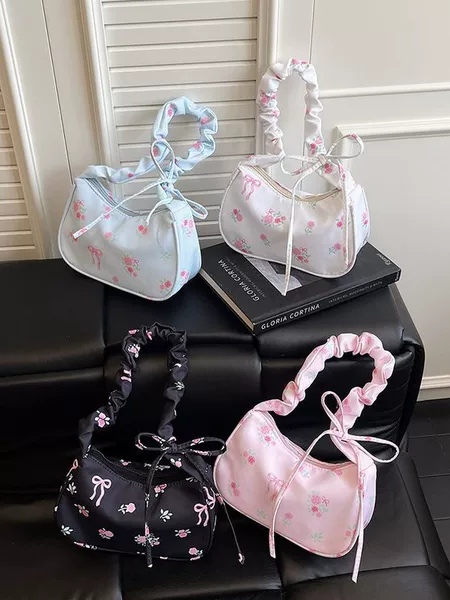 2026 New Ballet-Style Floral Underarm Bag for Women, Single Shoulder Crossbody Bag, Niche Design, Sweet Bow Drawstring Bag
