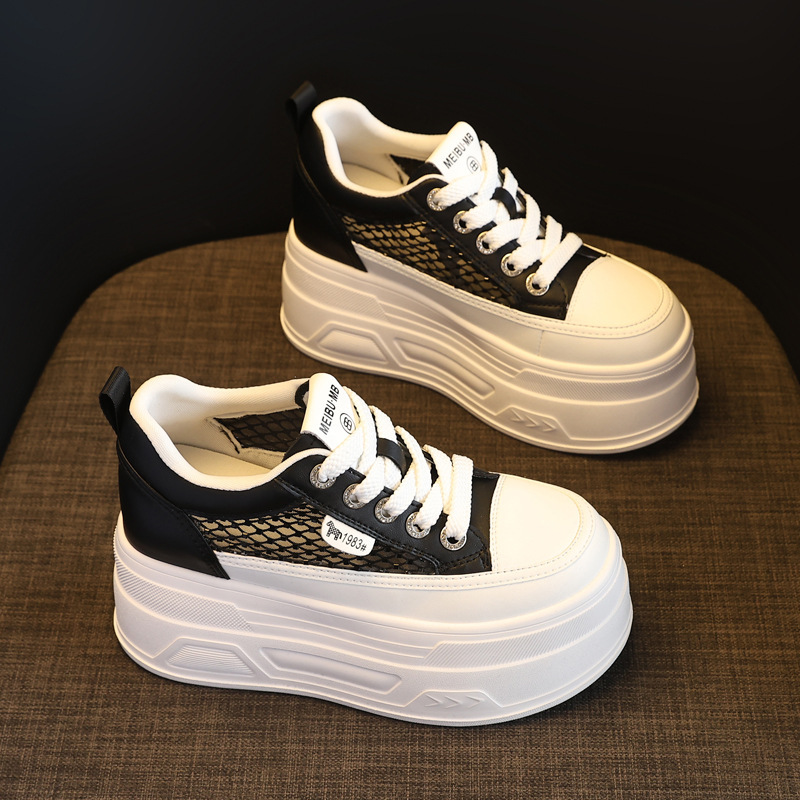 Giày sneaker nữ đế dày lưới mỏng mùa hè, tăng chiều cao bên trong, đính đá rhinestone — màu đen