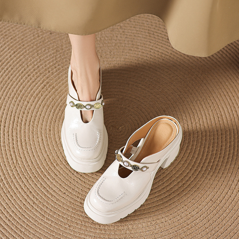 Mule nữ da bò bít mũi đế dày gót cao 9 cm khóa kim loại — màu đen, màu trắng ngà