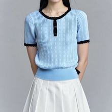 设计感气质针织衫撞色夏季温柔修身T恤短袖打底显瘦减龄上衣女潮