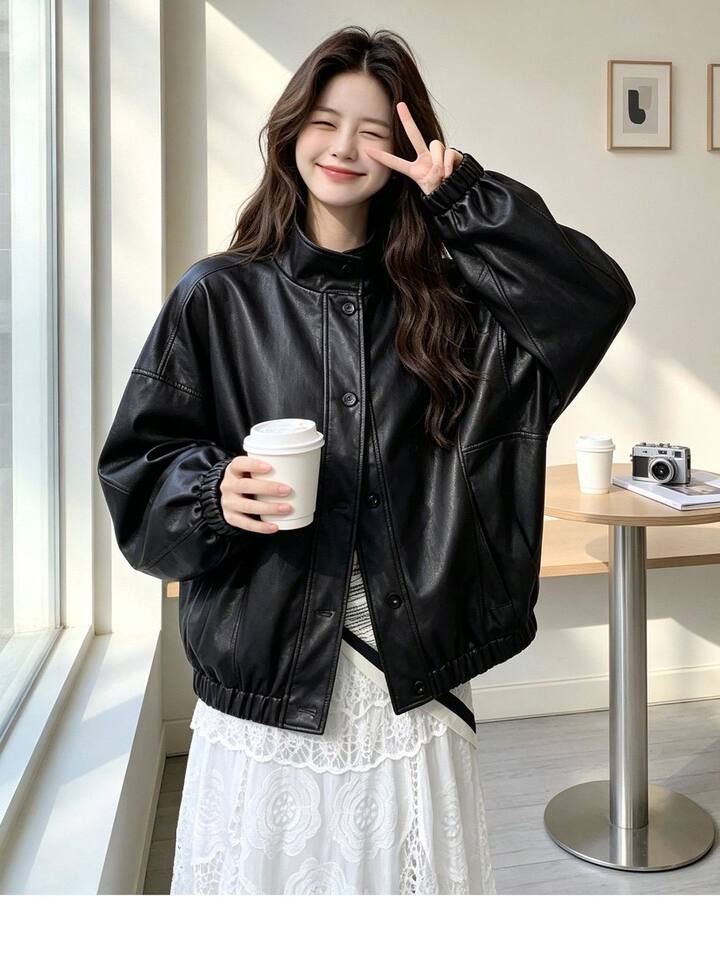 Áo khoác da PU cổ đứng dáng rộng phong cách retro, kiểu biker, dài tay, có lót — Màu đen [Chất lượng cao, có lót vải] chi tiết 5