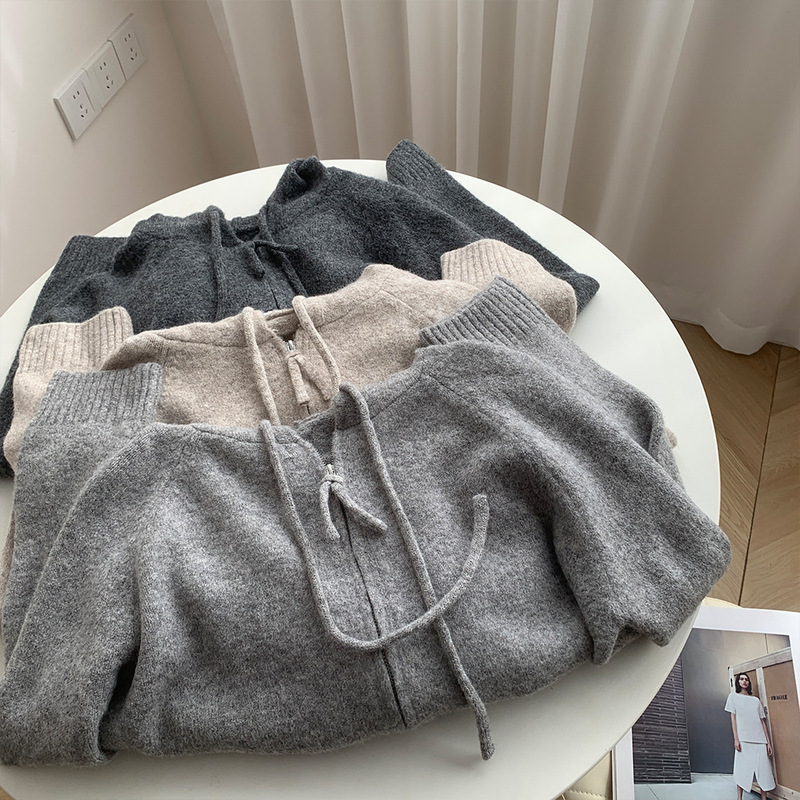 2024 Soft Waxy Velvet Double Zipper Sweater Jacket Women's Autumn and Winter Short Loose Grey Casual Hooded Knitted Cardigan
