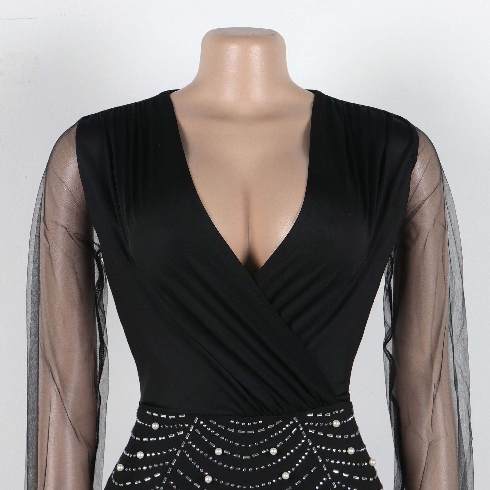 Sexy Drilling V neck Stitching See through Sleeve Hip Stretch Dress