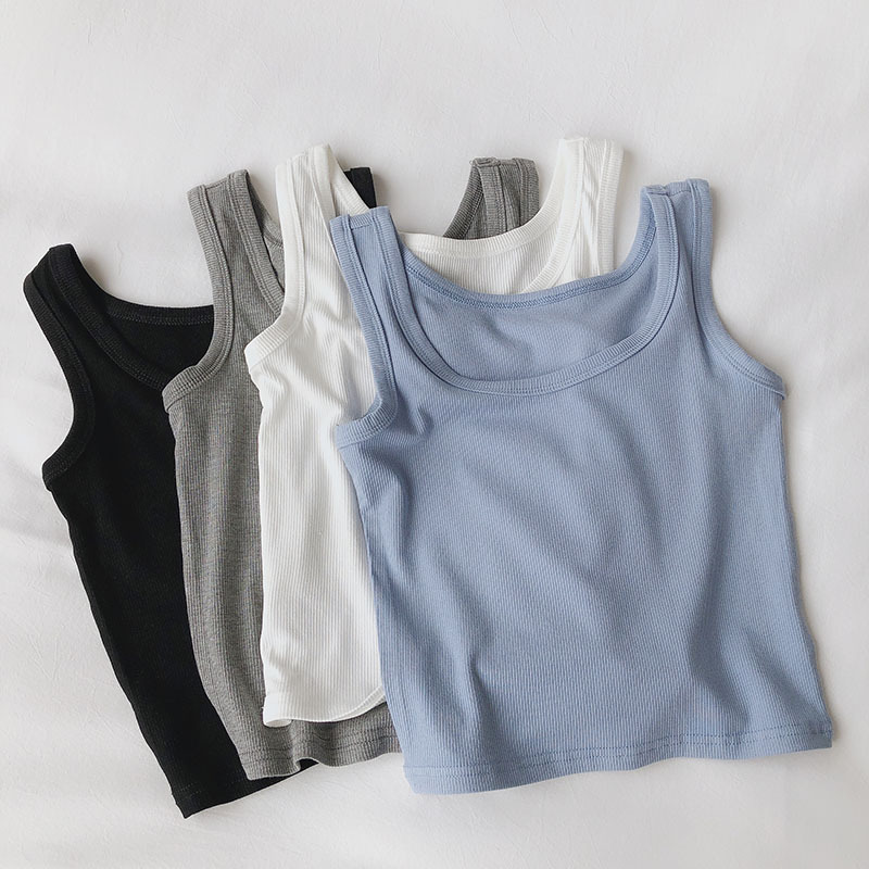 Women's Pure Cotton Ribbed Round Neck Camisole Vest, 2022 Summer New Korean Style Solid Color Slim Fit Inner Wear Sleeveless T-Shirt Top
