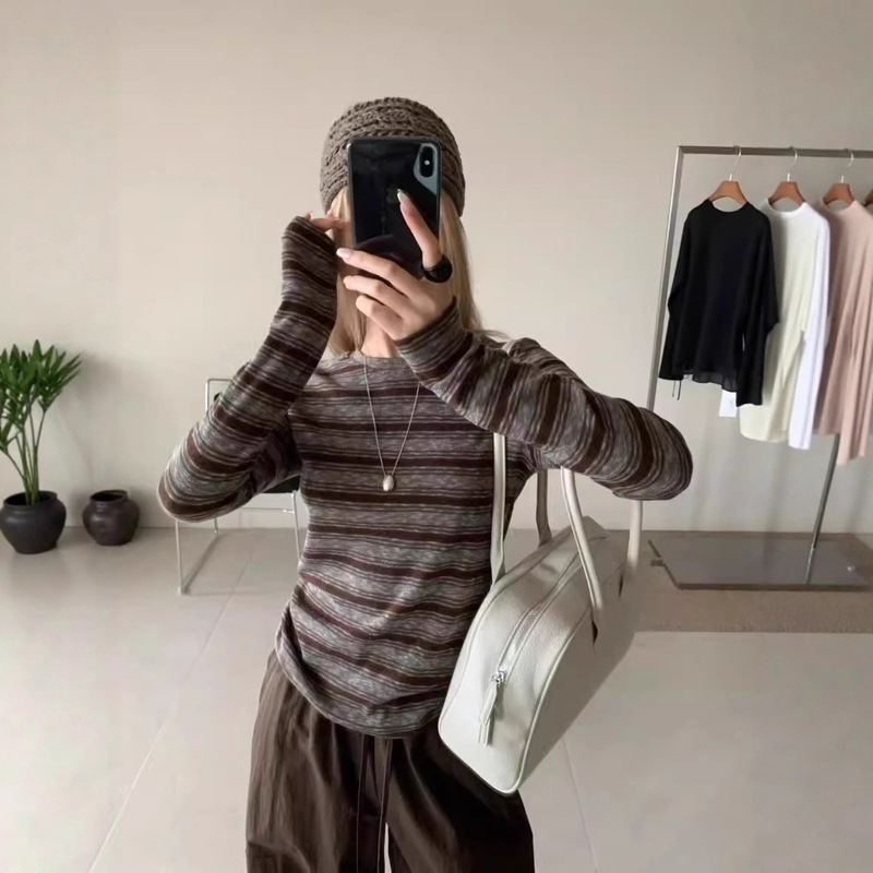 Korean Dongdaemun 2026 Autumn New Simple Versatile Fashion Striped Long-Sleeve T-Shirt Women's Base Shirt Top Trendy