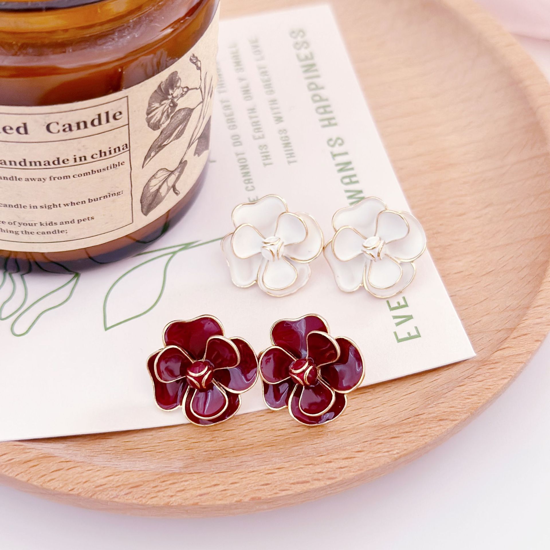 925 Silver Needle French Vintage Ancla Red Enamel Flower Stud Earrings Niche High-End Earrings Ear Clips Ear Accessories