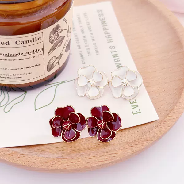 925 Silver Needle French Vintage Ancla Red Enamel Flower Stud Earrings Niche High-End Earrings Ear Clips Ear Accessories