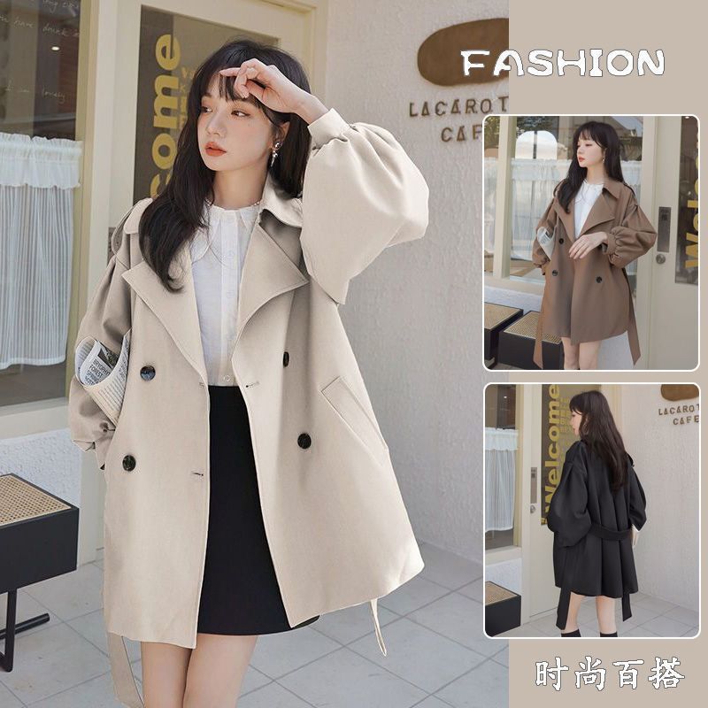 Women's loose-fitting brown trench coat with lining, 2026 spring new Korean style lantern coat for petite women
