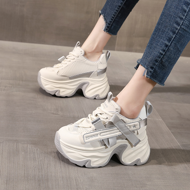 Giày sneaker nữ đế dày tăng chiều cao 11cm, phong cách daddy, lưới thoáng khí — màu đen