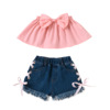 Girl’s solid color bowknot bra top lace up denim shorts two piece set