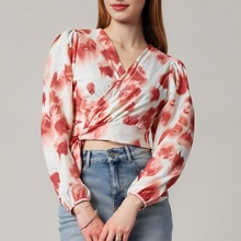 外贸新款批发秋季气质百搭V领碎花长袖t女高腰短上衣修身印花T恤