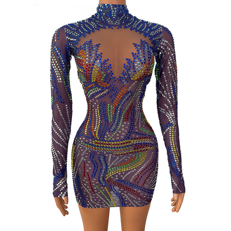 2024 Colorful Crystal Mini Low-Cut Blue Birthday Dress Diamond Summer Dress Party Long-Sleeve Short Dress