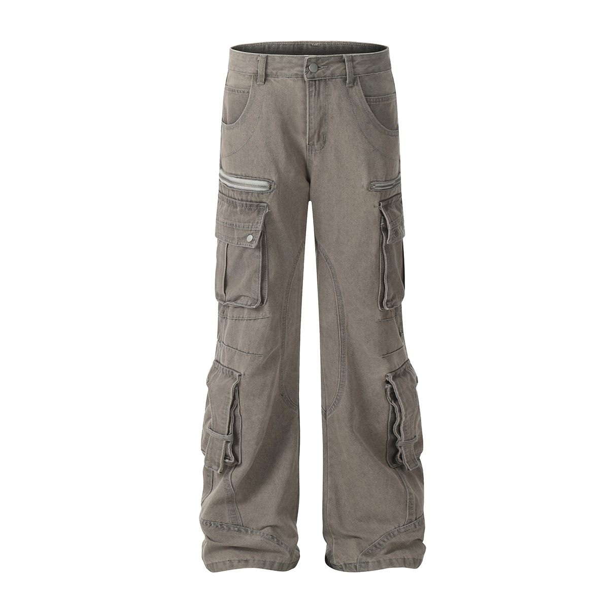 Vêtements pour hommes 2025 Nouveau jean de travail multi-poches délavé américain Style couple Pantalon légèrement évasé pour hommes et femmes_voghion.com