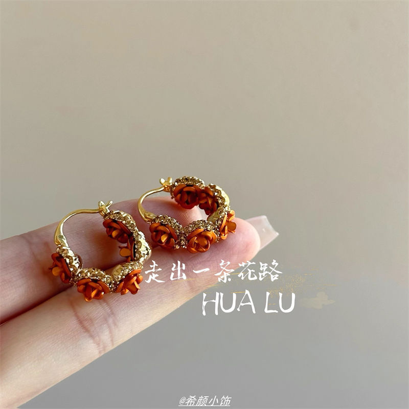 HUALU-金秋玫瑰~精致浪漫氛围感法式复古轻奢中古花朵耳环耳圈女|undefined