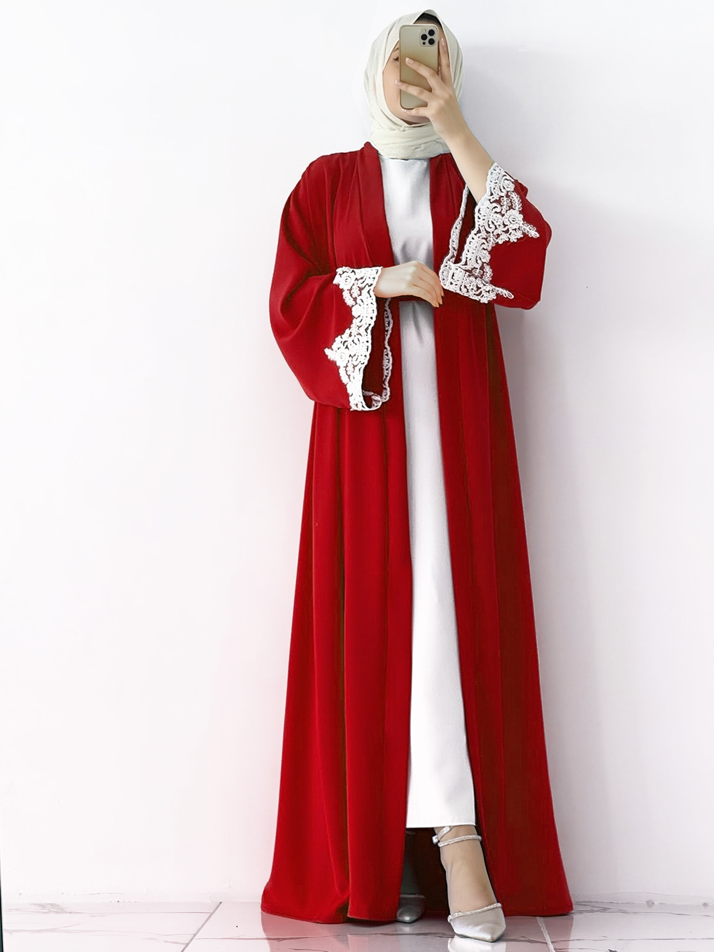Ensemble abaya élégant en dentelle appliquée, cardigan et jupe gilet pour femmes musulmanes – Tenue deux pièces pudique_voghion.com