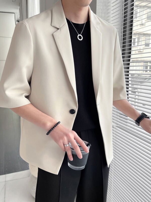 Simon Laine Khaki Short-Sleeved Suit Jacket for Men, Early Summer Wear, British Yuppie Style Men's Clothing, High-End Casual Wear
