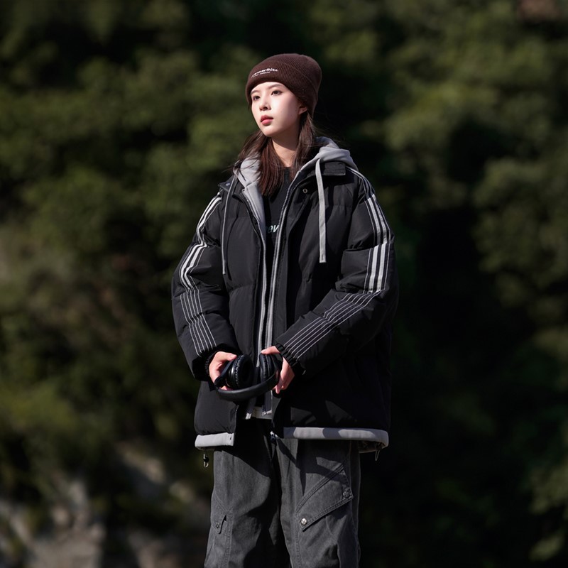 2025 invierno nuevo estilo coreano falso de dos piezas de punto con capuzas de pluma de algodón grueso ropa de pareja de invierno chaqueta de tendencia image 10
