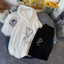 美式潮牌印花连帽加绒卫衣套装男生青少年宽松大码潮流帅气一整套